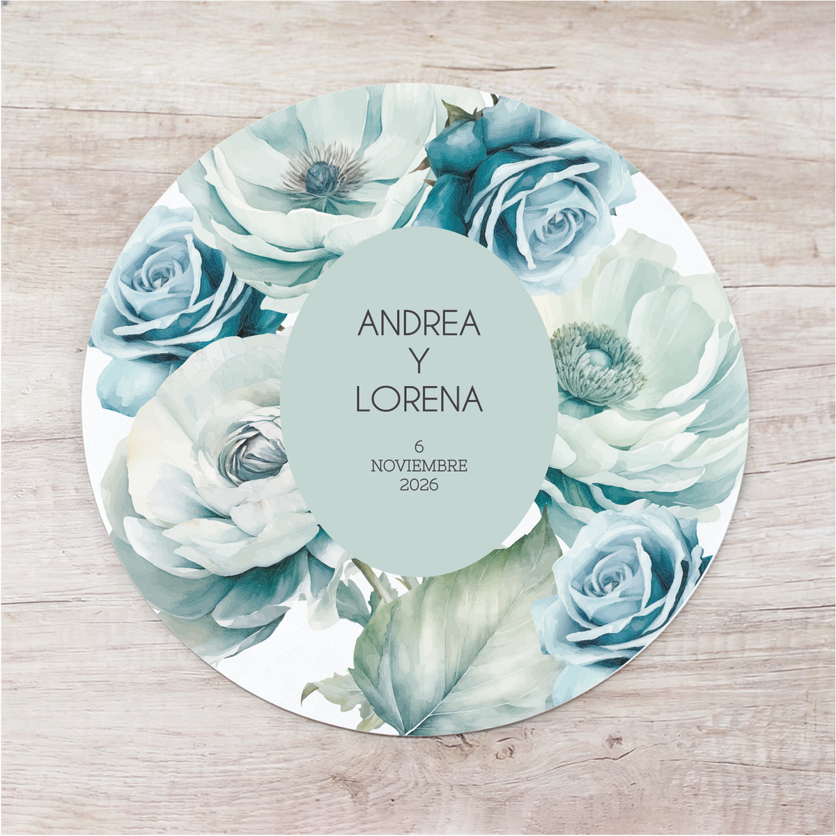 Bajoplato personalizado boda Andrea y Lorena en tonos azules
