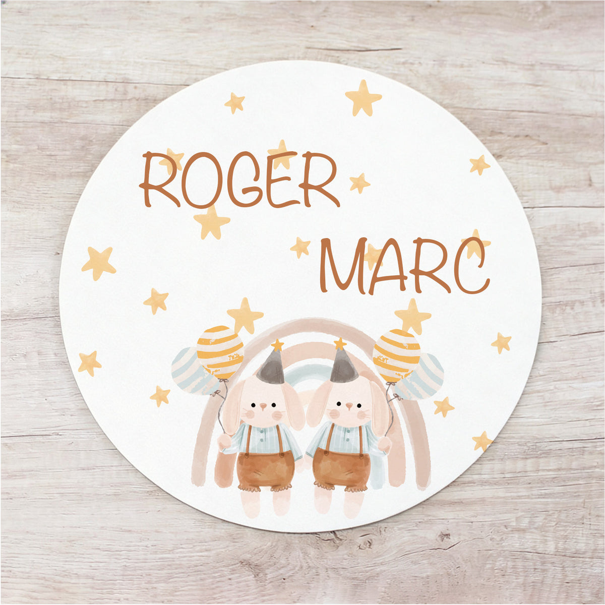 Bajoplato personalizado cumpleaños Roger y Marc con conejitos